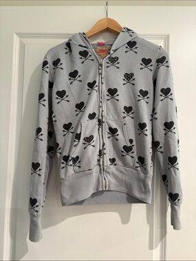 Primo Y2K Gray Zip Hoodie with Black Heart & Arrow Rhinestone print sz S small